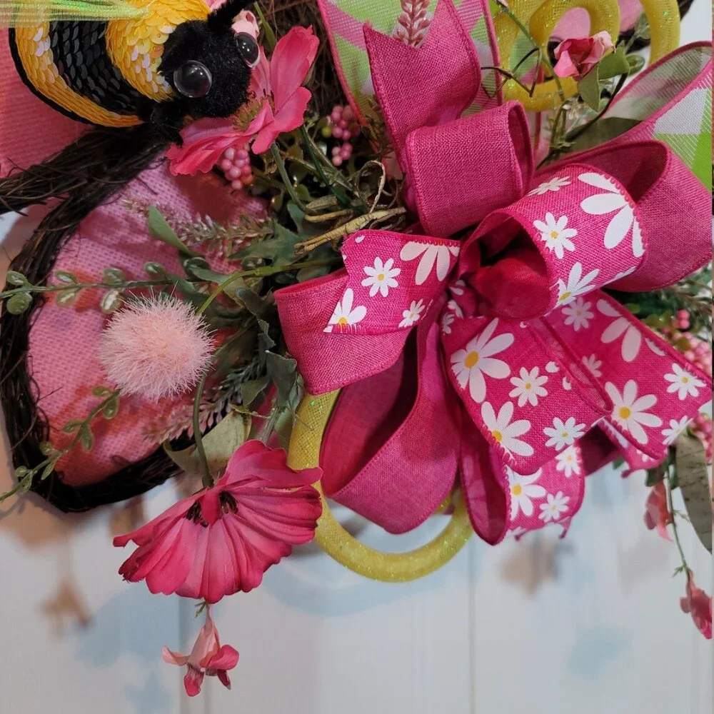 Pink Sunflower with Bees Wreath, Pink Sunflower/Bee‎ Front Door Wreath